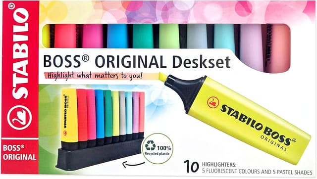 Detalle de STABILO BOSS ORIGINAL Textmarker im 10er Tischset mit 5 Leucht- und 5 Pastellfarben