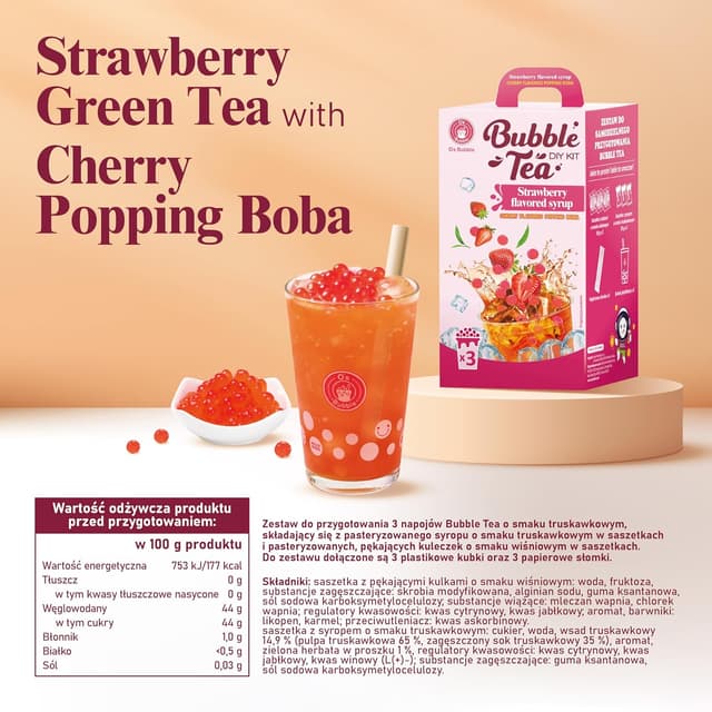 Detalle de O’s Bubble Popping Boba DIY Bubble-Tea-Set für Zuhause (3 Portionen) – Erdbeer-Grüntee mit Kirsch