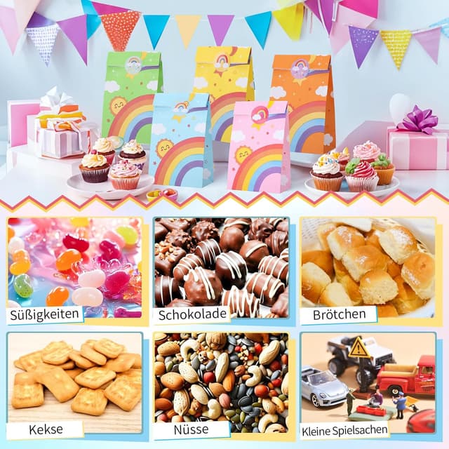 Detalle 2 de woric 50 Geschenktüten Kindergeburtstag (Regenbogen) 22×12×7 cm mit 60 Aufklebern