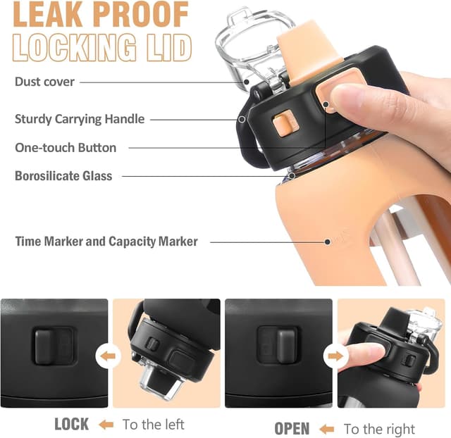 Detalle de BLUEGO 700 ml Bouteille d’eau en verre avec poignée, paille et manchon en silicone – marqueur de temps anti-fuite