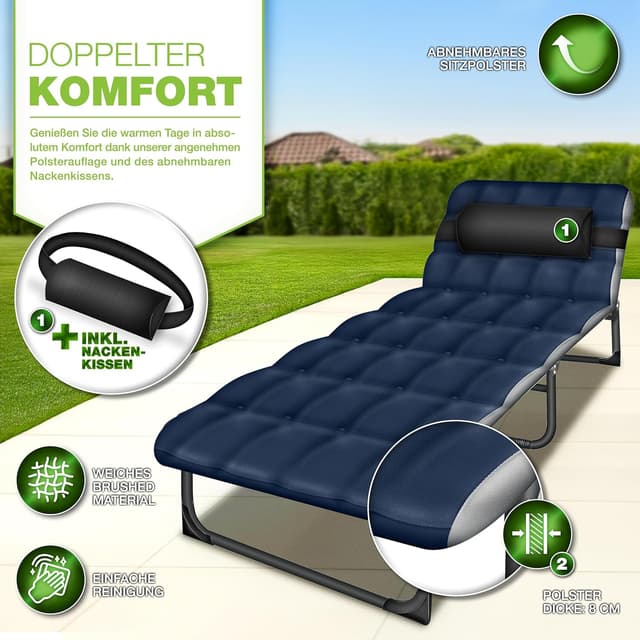Detalle de tillvex® Campingbett klappbar mit Nackenkissen & Seitentasche – Feldbett für Camping, Garten und Gäste (bis 280 kg)