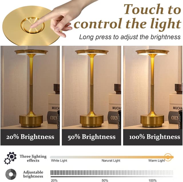 Detalle de Rechargeable Cordless Table Lamp (5200mAh) with USB-C Charging, 3-Colour Stepless Dimming, IPX4 Waterproof (2 Pack Gold)