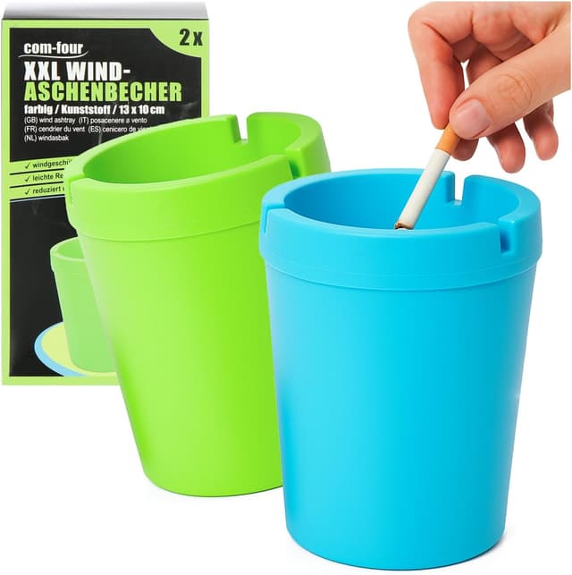 Detalle de COM-FOUR Posacenere 2 pezzi XXL per esterni antivento con coperchio, per auto e giardino (verde + blu), Ø 10 cm