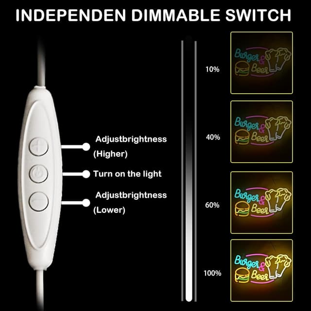 Detalle de LUCUNSTAR „Burger & Beer“ Neon Schild mit USB-Dimmer – Wanddeko für Bar, Restaurant & Küche
