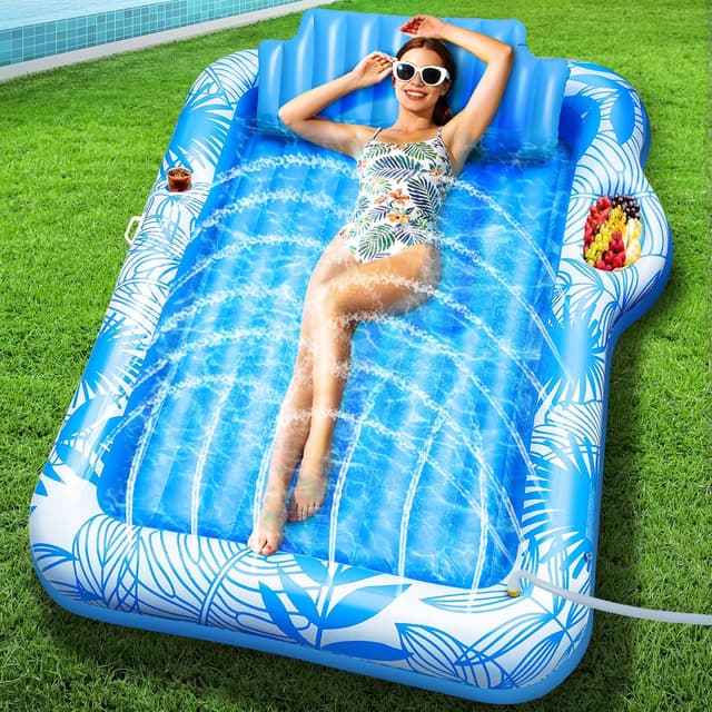 Detalle de TURNMEON Inflatable Tanning Pool Lounger Float with Sprinkler (78"x50") — Pink/Blue, 2-Person Beach & Pool Float with Cup & Food Tray