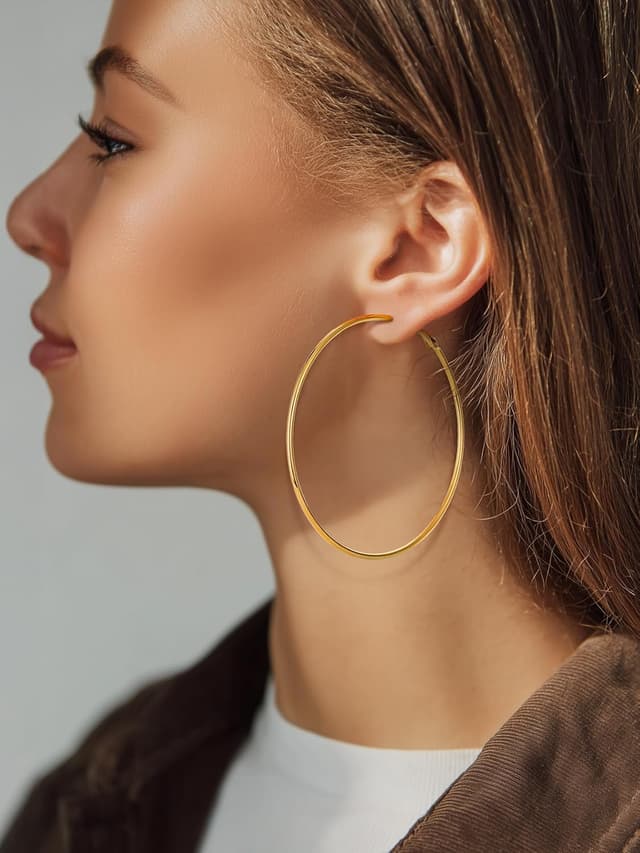 Detalle de GoldChic Créole femme en acier inoxydable plaqué or jaune – grand anneau (diamètres 30/50/70/100 mm)