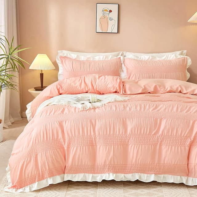 Detalle de Guchuang King Size Pink Ruffled Duvet Cover Set (3-piece) with hidden zipper