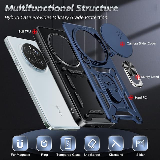 Detalle de LeYi for Honor Magic 7 Pro 5G Case with slide camera cover and 360° ring stand (blue)