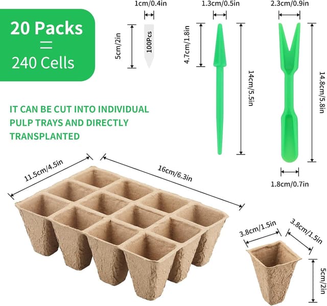 Detalle de KINGLAKE 20 Pack Biodegradable Seed Trays & Plant Pots (240 Cells) with Labels, Widger and Dibber
