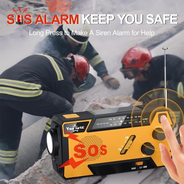 Detalle de Wind Up Solar Radio emergency hand crank radio with SOS alarm, flashlight & built-in cables (7400mWh / 2000mAh)