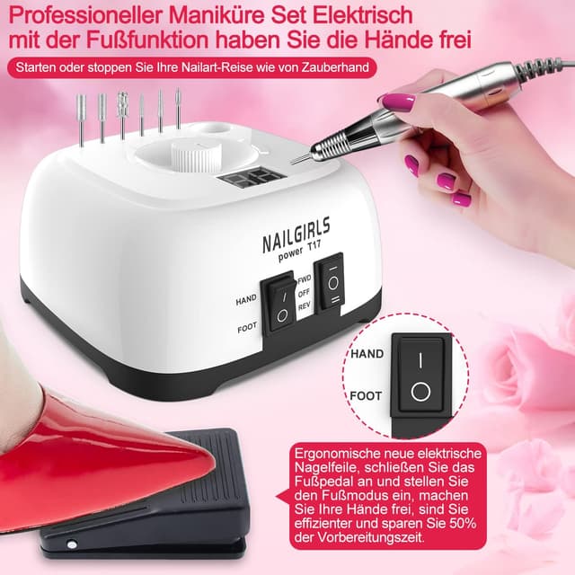Detalle de NAILGIRLS Nagelfeile elektrisch (11-in-1) für Gelnägel mit 0–35.000 U/Min, LCD & Fußpedal