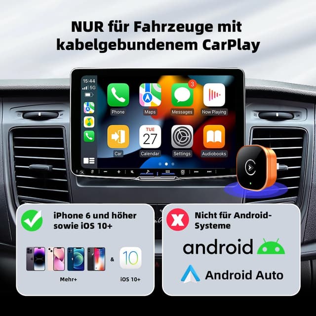 Detalle de CarPlay Wireless Adapter 2026 Upgrade – kabelloses Plug-&-Play für Wired CarPlay ab 2015 (iOS 10+)