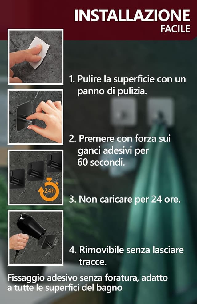 Detalle de 4smile ganci adesivi bagno set da 4 nero per asciugamani e accappatoi, senza foratura