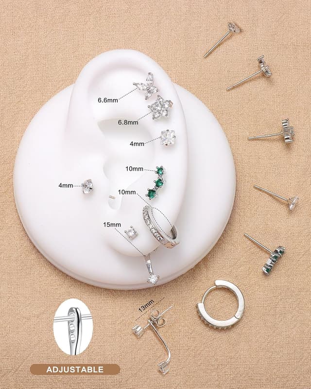 Detalle de Roheafer S925 Sterling Silber Ohrringe-Set mit 14K vergoldeten Ohrsteckern, Opal/CZ & Huggie Creolen (7 Paar)