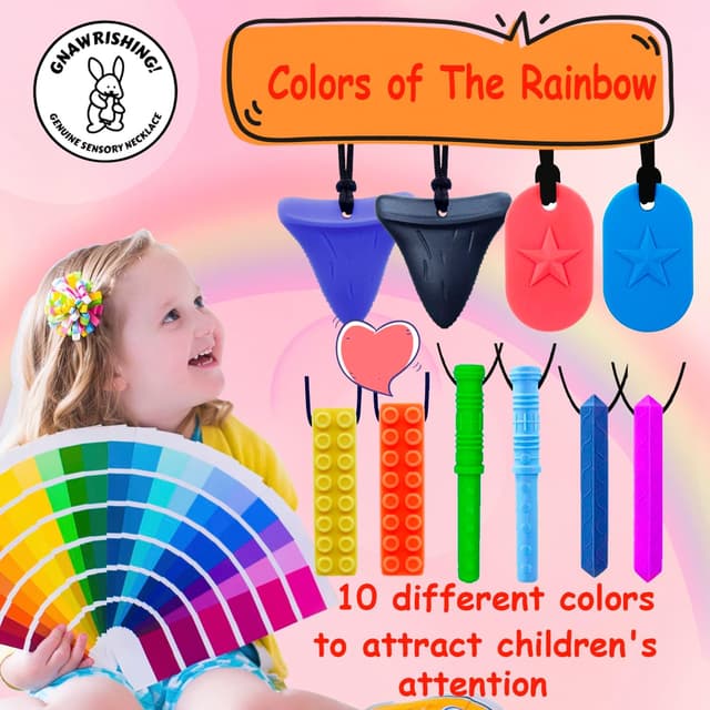 Detalle de GNAWRISHING Chew Necklaces for Sensory Kids (10-pack) – 60A food-grade silicone chew necklace for autism, ADHD and sensory seeking