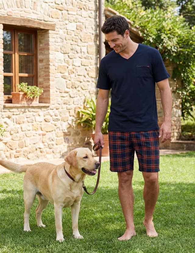 Detalle de Ensemble de pyjama homme court d’été Bresdk en coton (mélange 95% coton + 5% élasthanne)