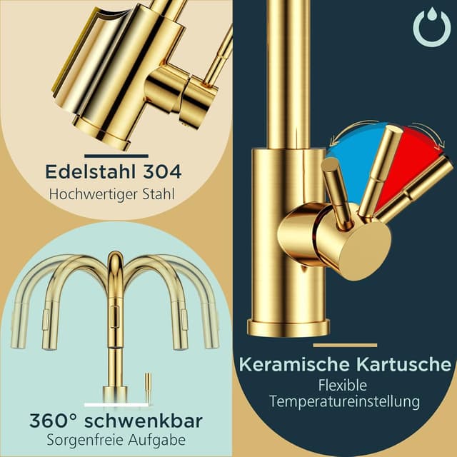 Thumbnail 6 de FORIOUS Küchenarmatur mit hohem Bogen und 360° Schwenkbereich – ausziehbare Brause in gebürstetem Gold