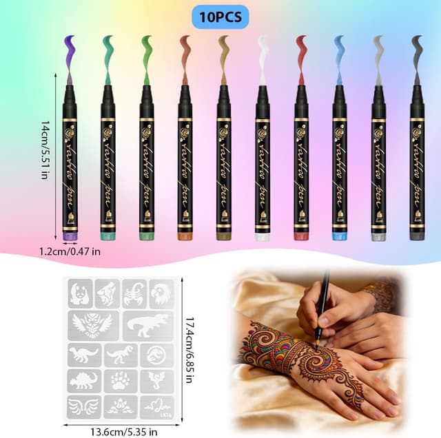 Detalle 2 de AYBUY Set di penne per tatuaggi temporanei con stencil (10 penne, 162 modelli) per Natale, Carnevale e Halloween