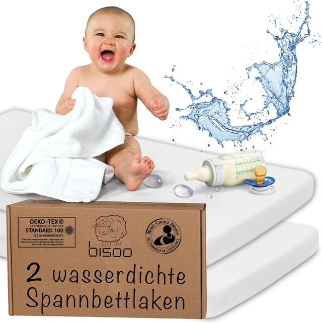 Detalle de Bisoo Spannbettlaken 90x45 für Beistellbett & Kinderwagen – 2er-Set wasserdicht, Öko-Tex Baumwolljersey