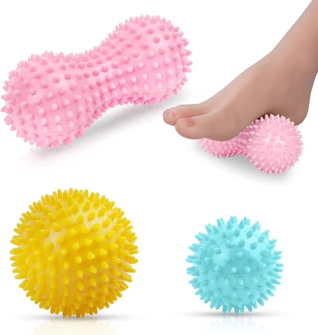 Detalle de URAQT Palline da Massaggio in PVC con punti (3 pezzi) per automassaggio fitness: rosa, giallo e azzurro