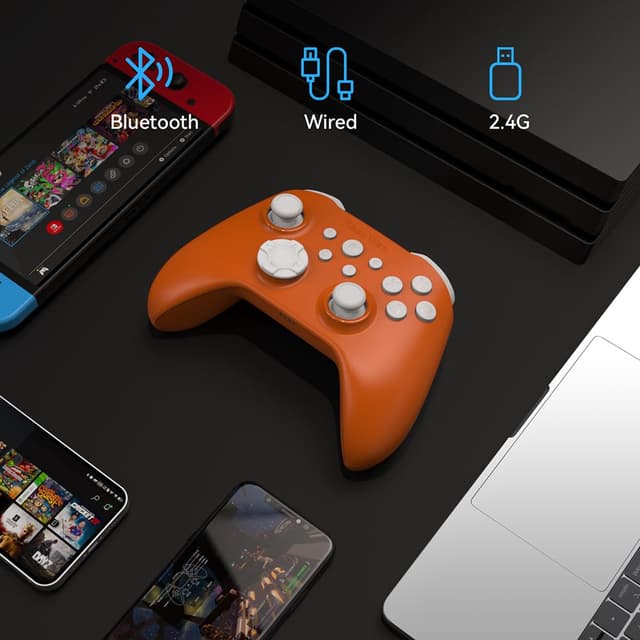 Detalle de ShanWan Wireless Controller (2.4G/Bluetooth) für Windows, PC, Android, iPhone, Switch & Steam – mit Hall-Effect Trigger, Turbo & Rumble (Orange)