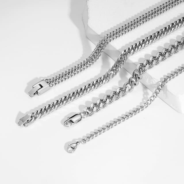 Detalle de Esmoly 4 Pezzi bracciale da uomo in acciaio 316L (argento, oro e nero) – catena cubana, set impilabile, lunghezze 19/21/23 cm