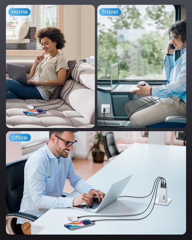 Detalle de 128W USB-C GaN III 3-Port Wall Charger (GaN III) — foldable 65W laptop adapter for MacBook, iPad, phones