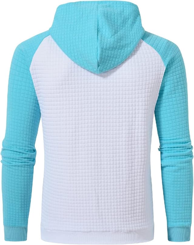 Detalle de YuKaiChen men’s pullover hoodie with plaid jacquard patchwork, drawstring hood and pockets