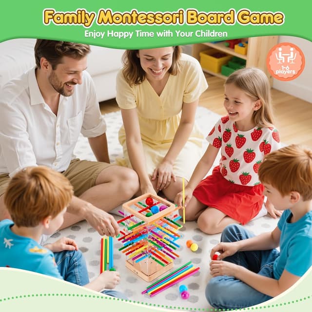 Detalle 2 de Montessori Wooden Board Game Tower Set with 48 Coloured Sticks and 12 Balls (Ages 3+)