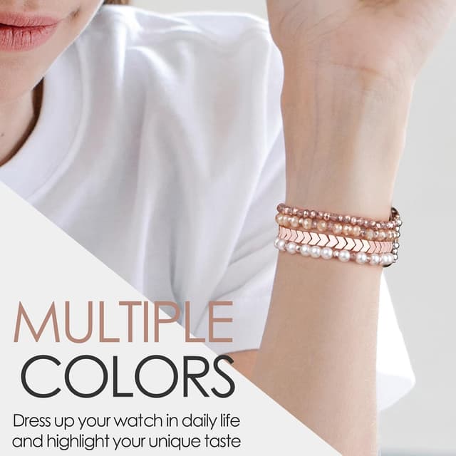 Detalle de V.R.HOPE Perlen-Armband für Apple Watch (44/45/46/49 mm) – Damen Schmuckband Rose/Weiß-Klein