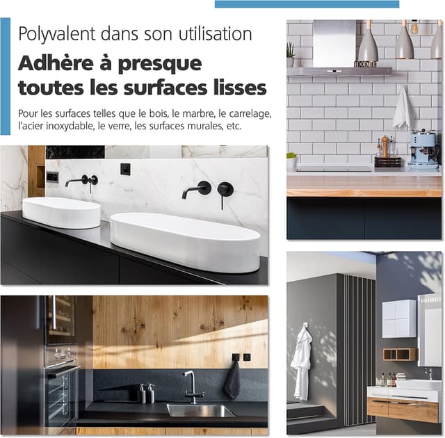 Detalle de VIREA lot de 4 crochets muraux auto-adhésifs en acier inoxydable (sans perçage), forte adhérence jusqu’à 8 kg par crochet