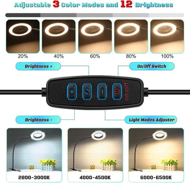 Detalle de JUOIFIP 10X Magnifying Glass with Light and Stand (USB) – clamp lamp with 3 light modes