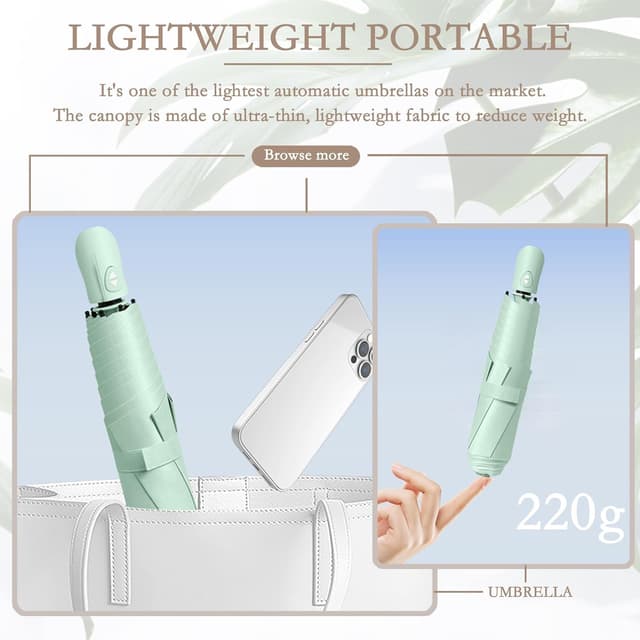 Detalle 2 de Mini leichter Automatik-Regenschirm (Auf/Zu) mit UPF 50+ & Teflon-Beschichtung – faltbar, 6 Rippen