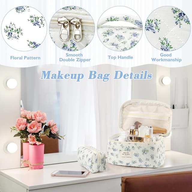 Detalle de BuyCard Kosmetiktaschen 3er-Set (blau, Blumenmuster) – Kulturtasche für Reise & Alltag