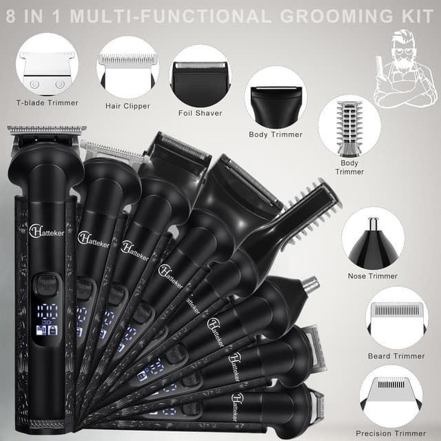 Thumbnail 1 de Hatteker 8-in-1 Professional Men’s Grooming Kit (cordless zero-gapped T-blade trimmer + clipper + body, nose & ear trimmers), IPX7