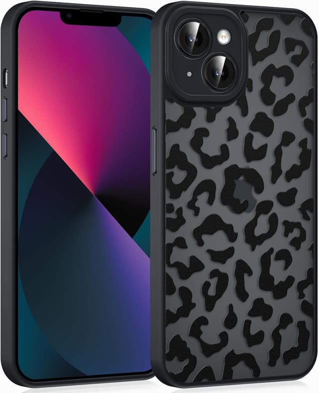 Detalle de Coqinen Cover per iPhone 13 con motivo leopardato, custodia traslucida opaca antiurto in PC+TPU