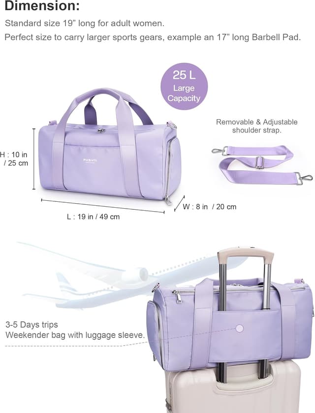 Detalle de Sac de sport femme 19 Pouces 25 L avec compartiment à chaussures et poche imperméable (49x20x25 cm)