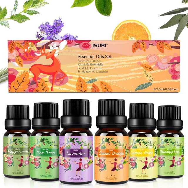 Detalle de ISURI Ätherische Öle Set für Diffuser (6×10 ml) – Lavendel, Minze, Teebaum, Eukalyptus, Zitronengras, Süßorange