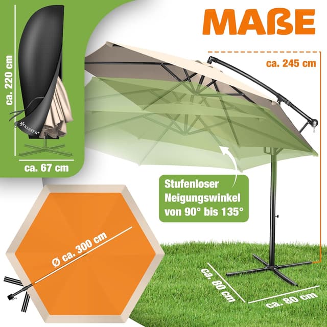 Detalle de KESSER® Sonnenschirm Ø 300 cm – Ampelschirm mit Kurbel, 360° Funktion und Schutzhülle in Beige