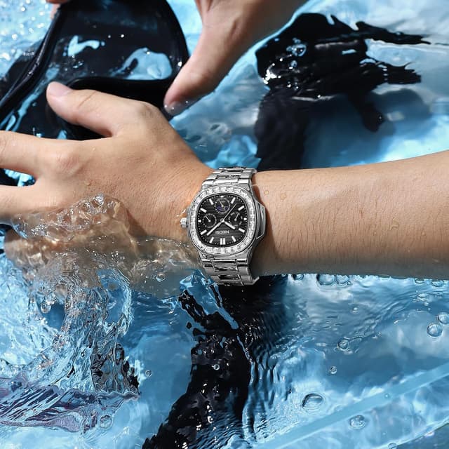 Detalle de NIBOSI Orologio da polso da uomo analogico al quarzo multifunzione con cronografo, fasi lunari e impermeabilità 3 ATM