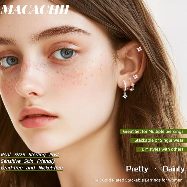 Detalle de Macachii 3 Pairs Sterling Silver & 14K Gold Plated Hoop, Stud & Huggie Earrings Set