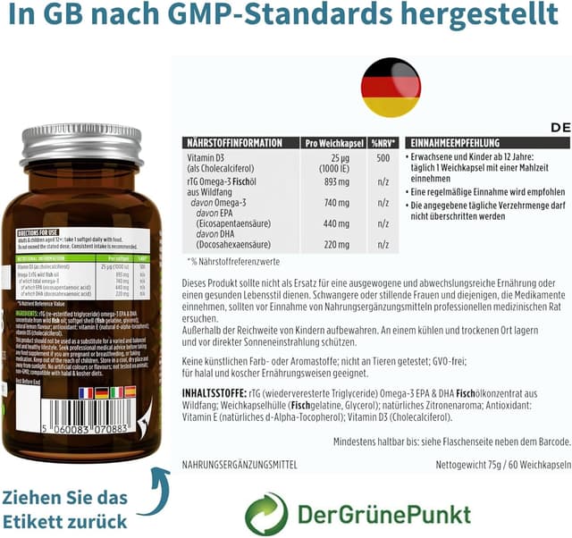 Detalle de Igennus Omega-3 Wildfischöl mit D3 1000 IE (rTG) – 60 Portionen, 1-mal täglich