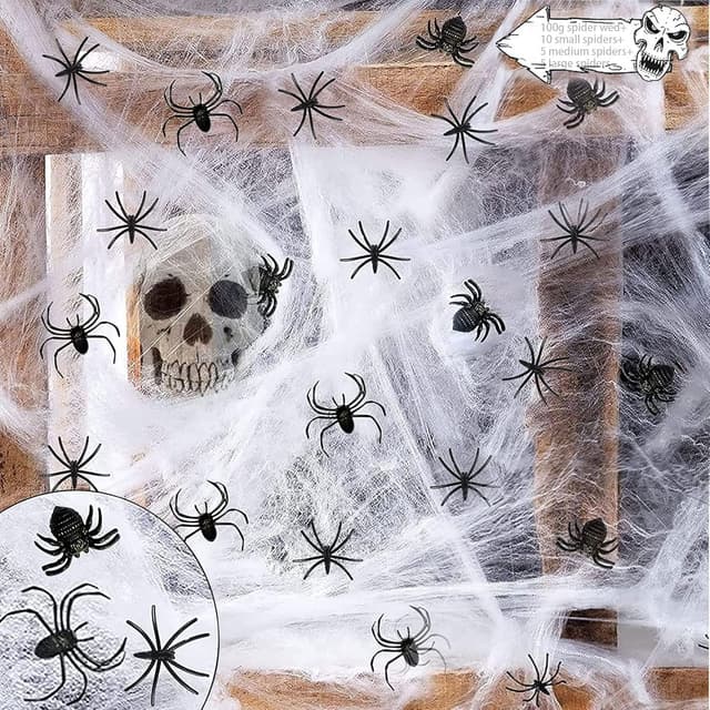Detalle de Halloween Spinnennetz Dekoration 100 g mit 20 Spinnen 🕷