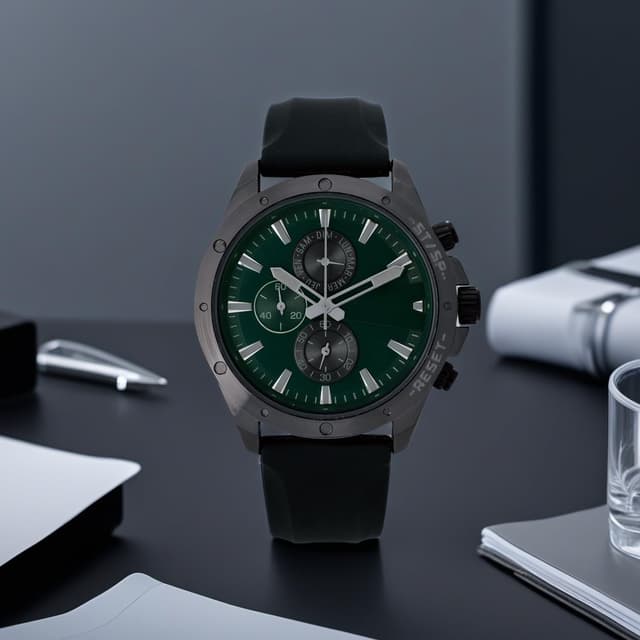 Detalle de NUOVO Herren Analog-Quarzuhr mit Chronographen-Design und grünen Zifferblatt (Silikon- oder Lederarmband)