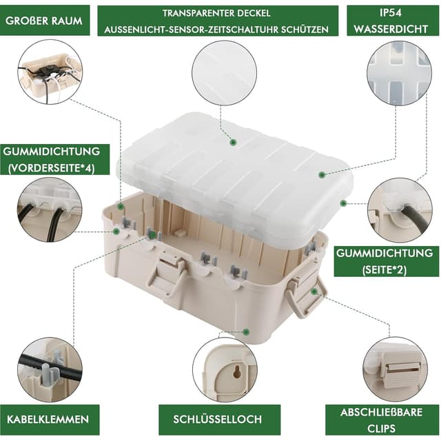 Detalle de Restmo Extra große wasserdichte Kabelbox (IP54) für Outdoor-Kabel, transparenter Deckel – 32 x 22 x 13 cm
