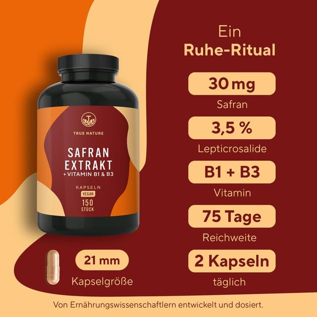 Detalle 2 de Safran Kapseln TRUE NATURE® mit Affron® – 150 Kapseln (30 mg/Tag) für psychische Funktion – vegan