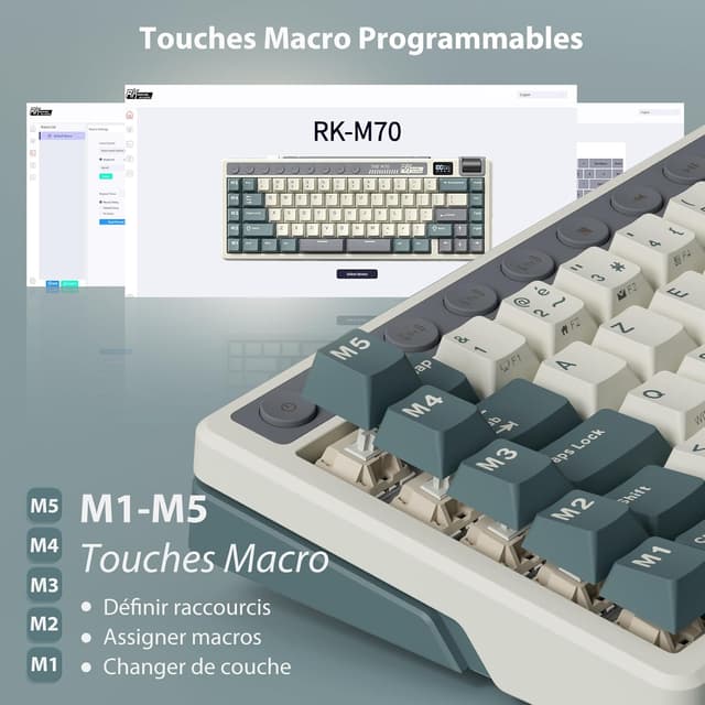 Detalle de RK Royal Kludge M70 – Clavier mécanique 75% sans fil triple connexion (AZERTY) avec macros, écran et hot-swap