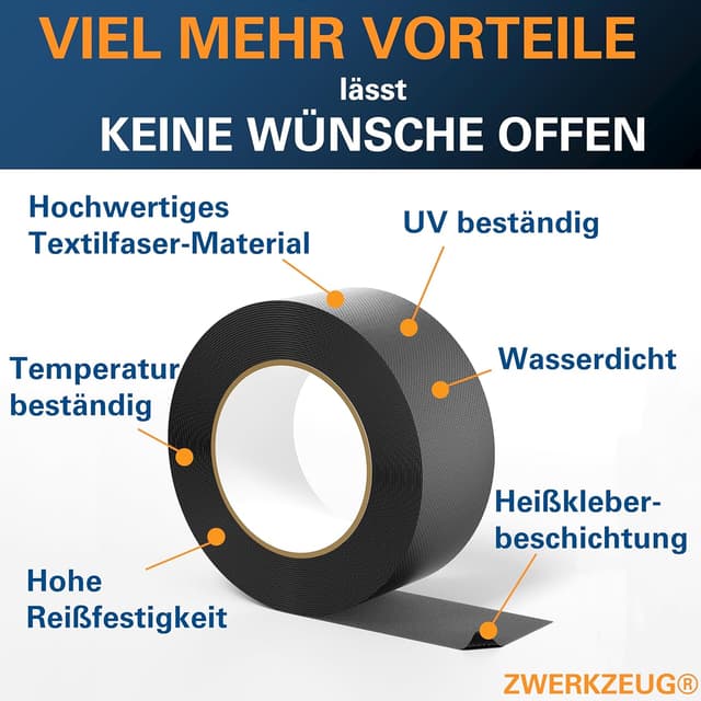 Detalle de ZWERKZEUG Panzertape – Reparatur-Klebeband, 3 Rollen (extra stark, wasserfest), 48 mm x 96 m, in 2 Farben