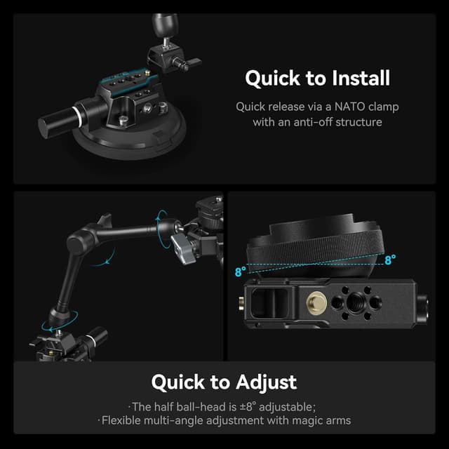 Detalle de SMALLRIG SC-15K : kit de montage voiture à ventouse puissante à 4 bras (support stabilisateur, réglages demi-rotule)