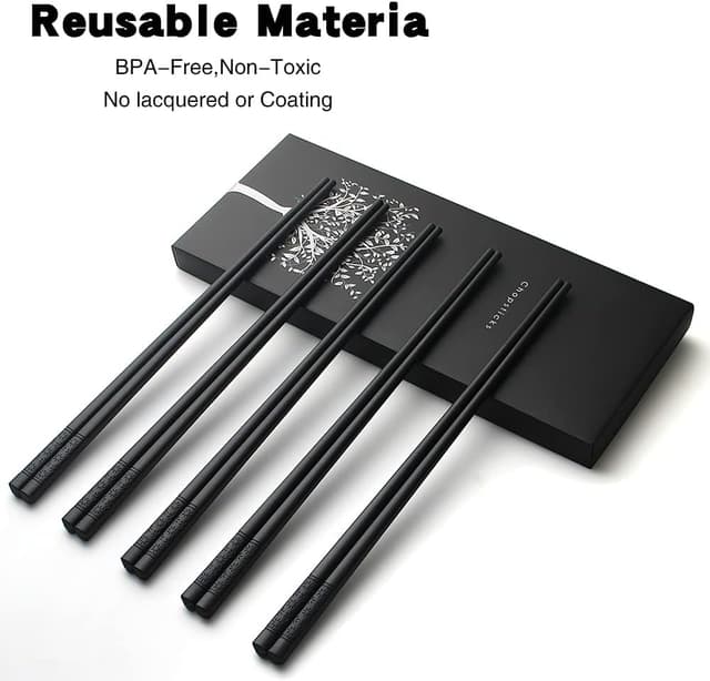 Detalle 2 de AOOSY 5-Paar spülmaschinenfeste Fiberglas-Essstäbchen (schwarz) für Sushi, Reis & Nudeln